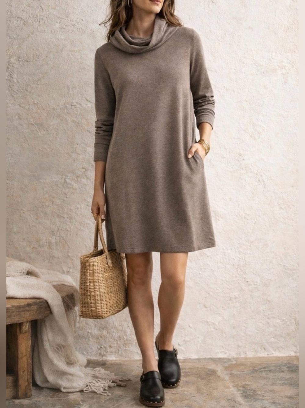 NWT J. Jill Pure Jill Cowl Neck Cotton Modal Dress in Heathered Soft Cocoa sz M